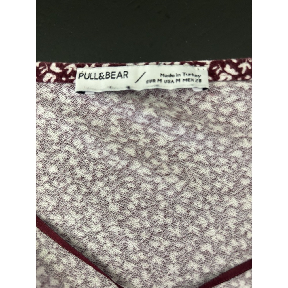 Pull&Bear Dress Women M Burgundy Floral Print Long Sleeve  V-Neck Boho Casual - Picture 11 of 16